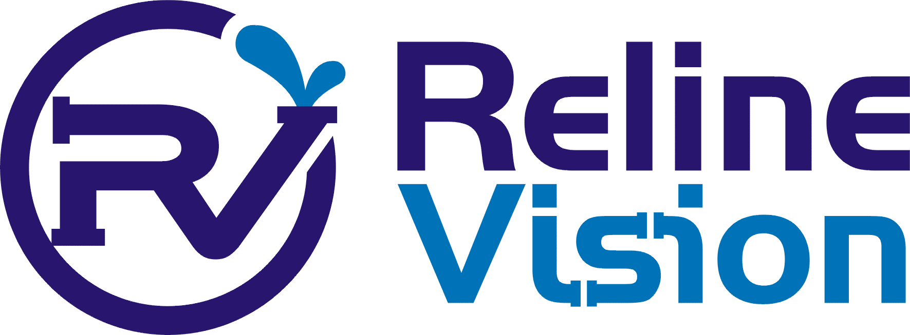 Reline Vision Logo Komplett - Mörkblå och ljusblå färger, med större bokstäver R och V till vänster. Omringar av en cirkel i mörkblå. Till höger står Reline Vision i två rader med Reline i mörkblått och Vision i ljusblått.